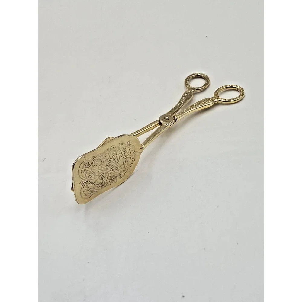 Ornate Gold Tone Engraved Tongs 7.5in Floral Scroll Serving Utensil